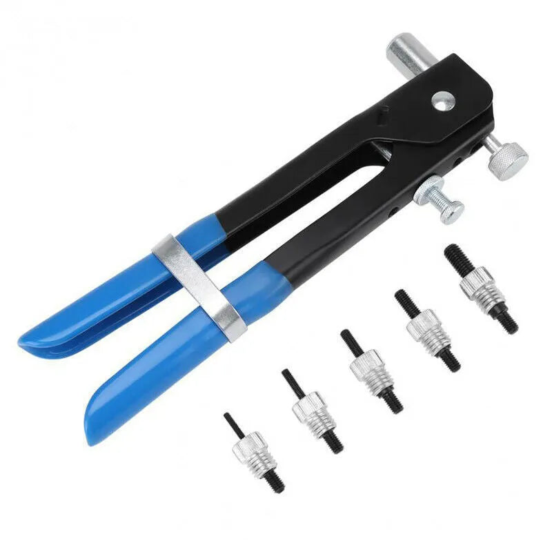 Alloy steel manual riveter nut gun tool with a selection of rivet nuts and mandrels from the set.