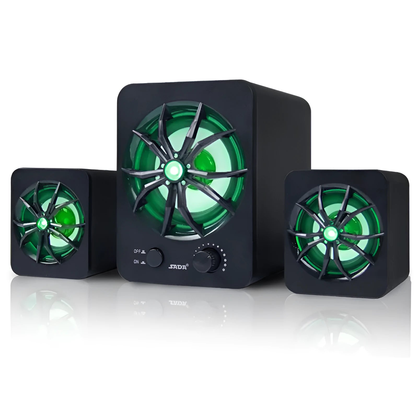 Green 2.1 USB computer speaker with colourful LED lights for PC and mobile devices