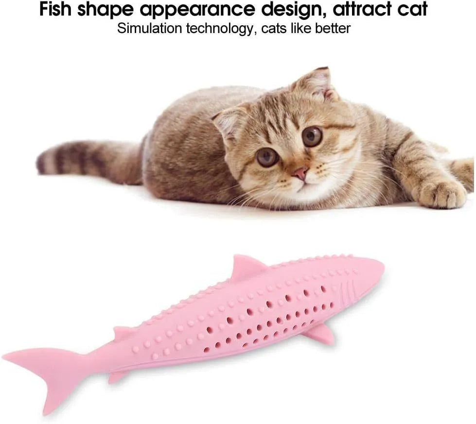 Green silicone fish-shaped chew toy for cats with side holes for catnip scent
