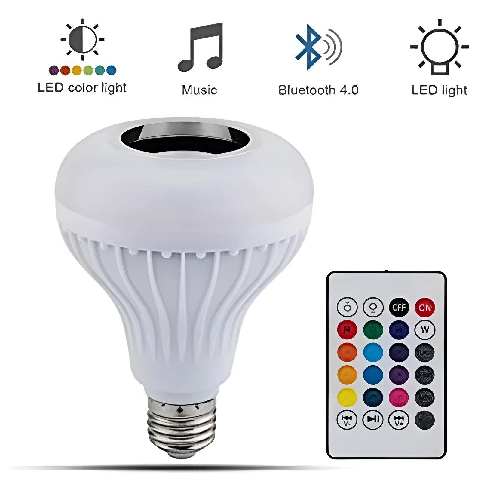 White Bluetooth speaker LED light bulb with E27 screw base and remote control.