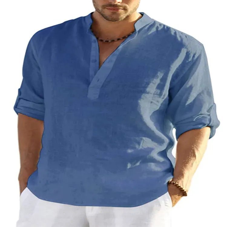Men's solid colour long sleeve casual shirt with a stand collar, shown in a light blue shade.