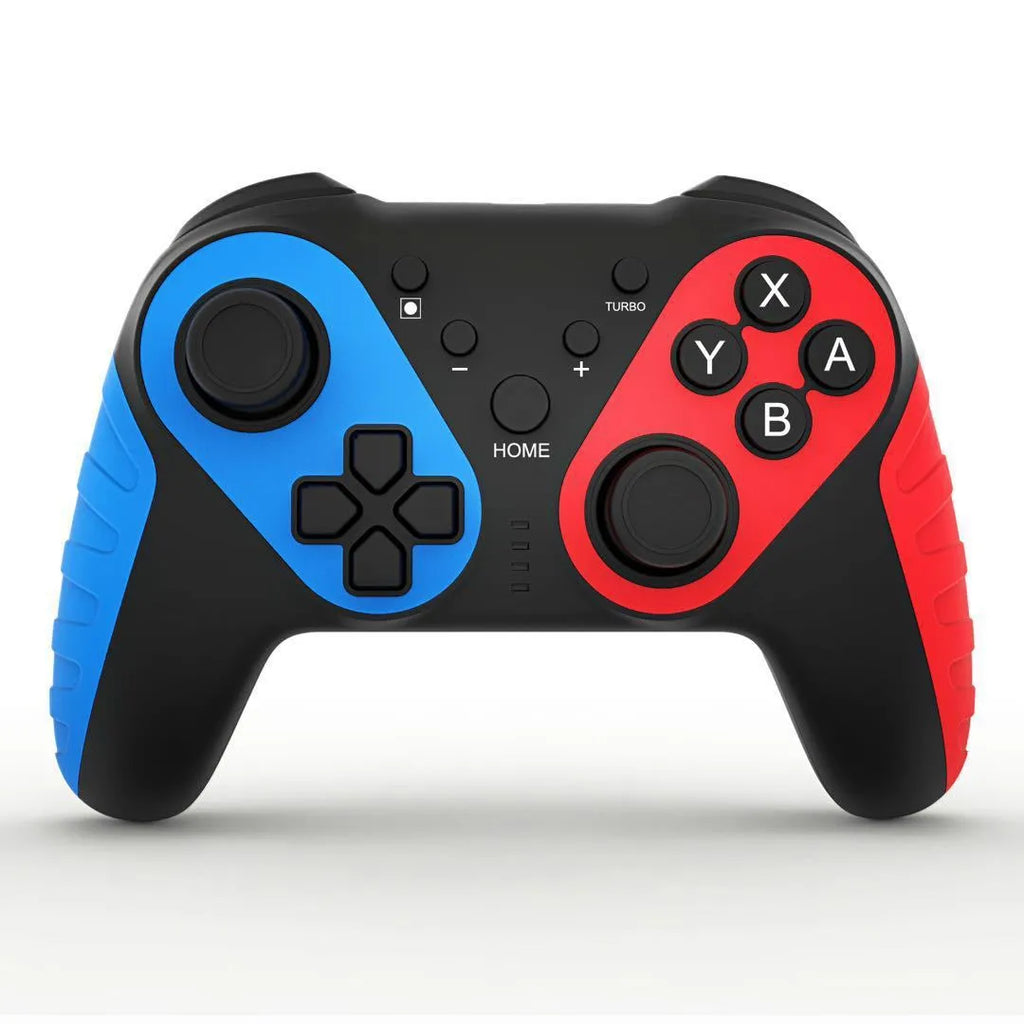 Red and blue wireless Bluetooth gamepad for Nintendo Switch and PC on a grey background.