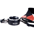 Aluminium alloy camera lens flipper holder with stainless steel buckle on a cotton shoulder strap.