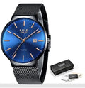 Men's stainless steel watch with 40mm dial on a strap, shown in black, blue, and two-tone colour variations.