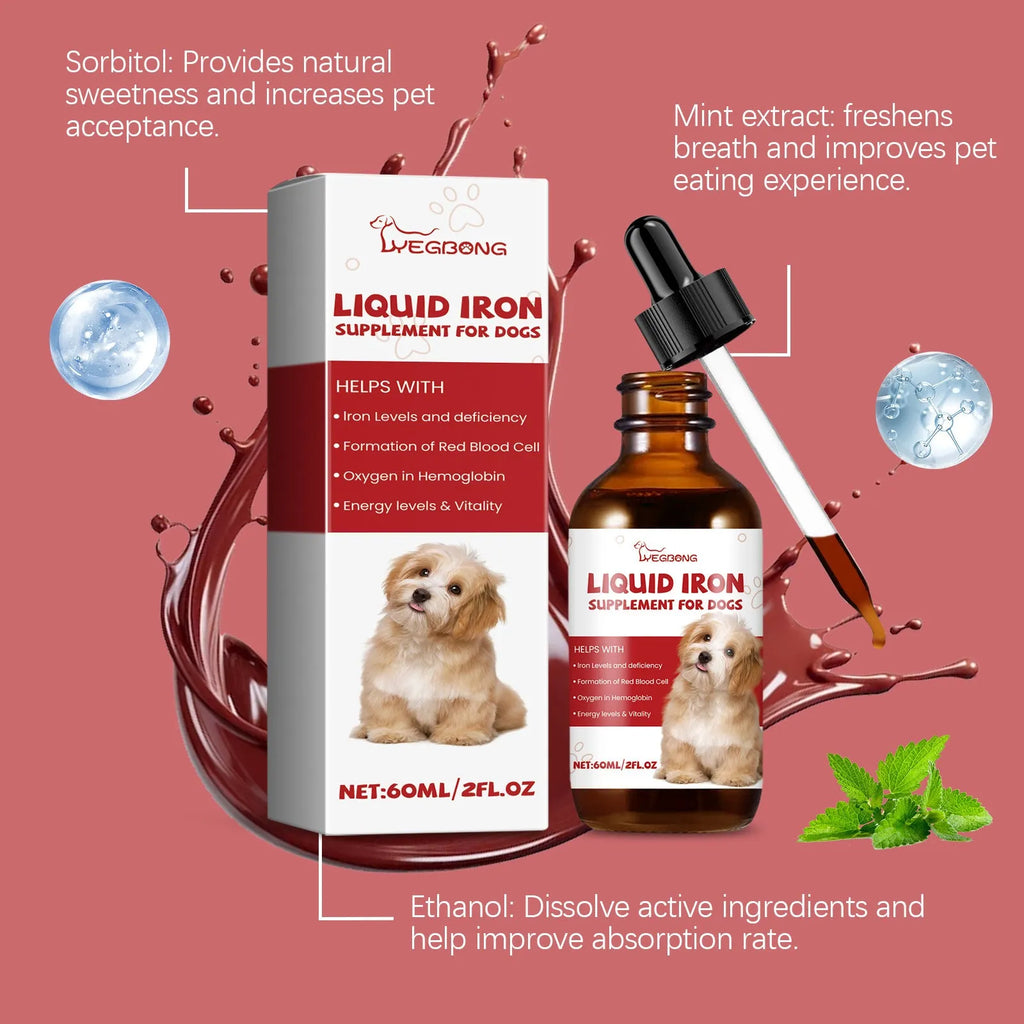 Pet dog syrup care supplement 60ml mint extract with product bottle and packaging
