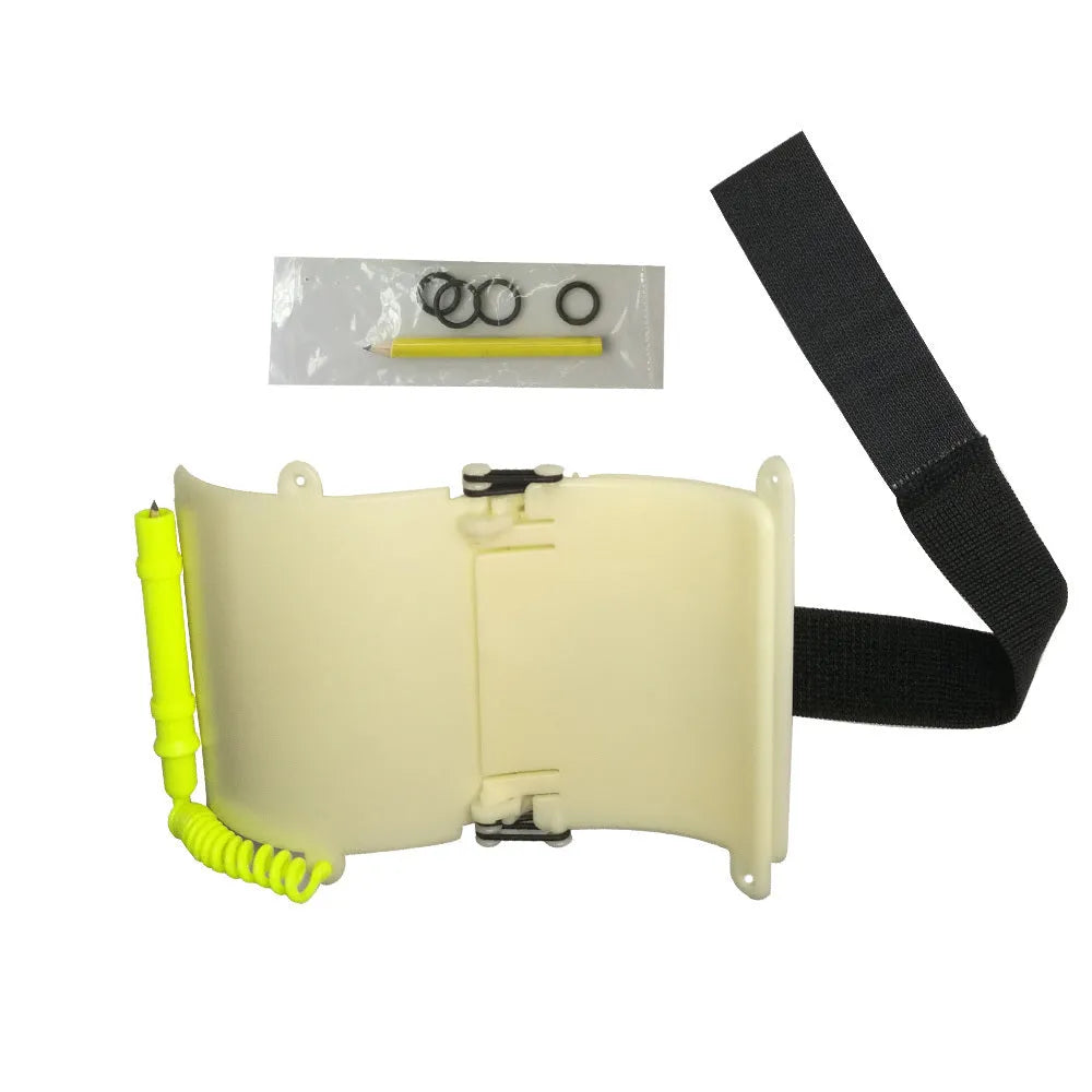 White luminous underwater diving wristboard with pencil and spare o-ring for scuba communication