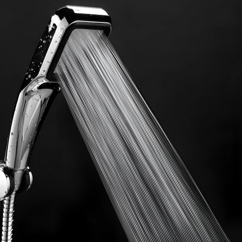 Orange hand-held pressurised shower head with rain function and accessory set