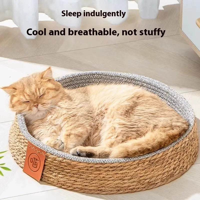 Rattan woven cat nest bed with raised sides in multiple sizes for pet comfort