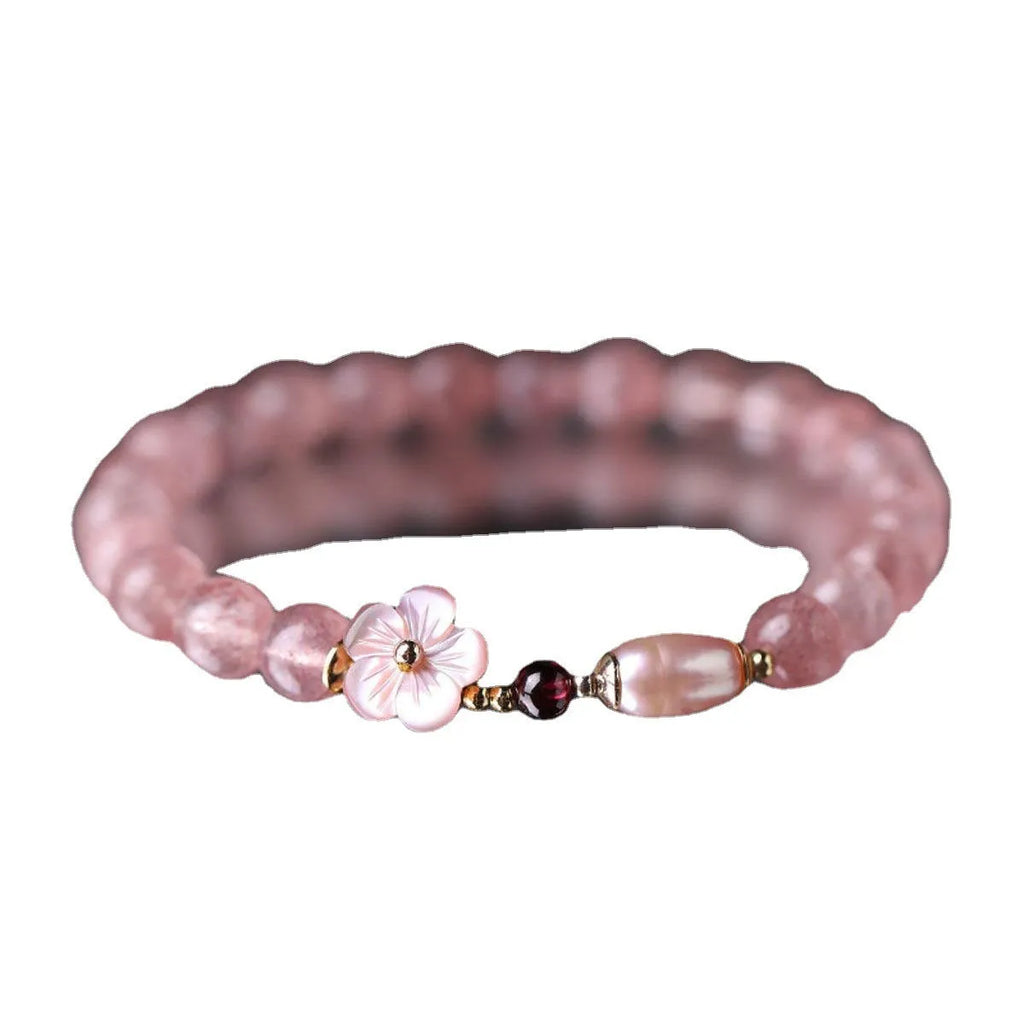 Strawberry quartz crystal bracelet with peach blossom flower design for women