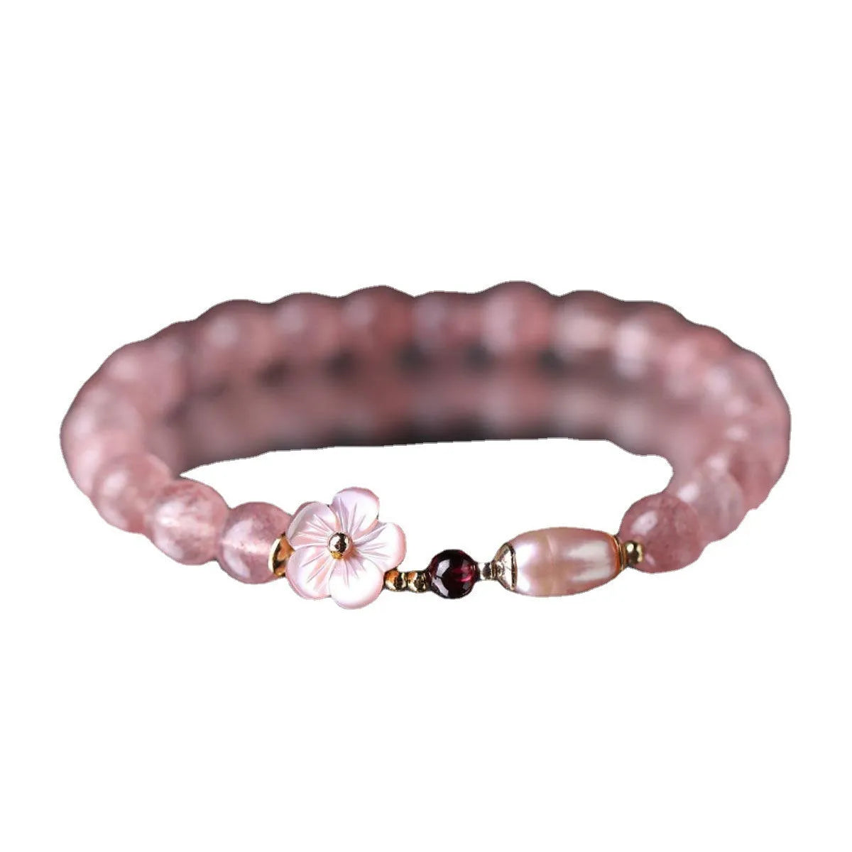 Strawberry quartz crystal bracelet with peach blossom flower design for women