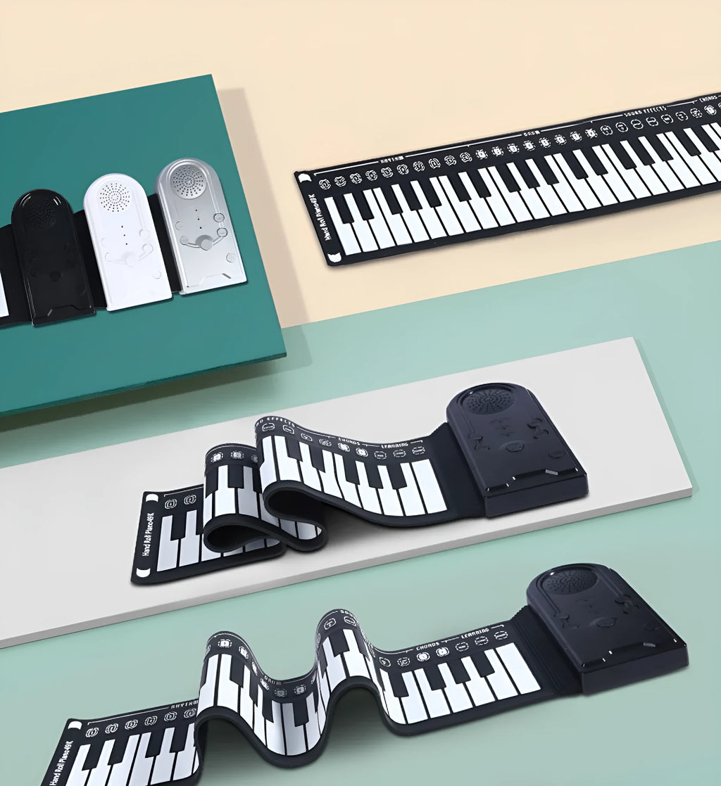 Folding electronic keyboard with 49 keys in pearl white colour, shown both rolled and unrolled
