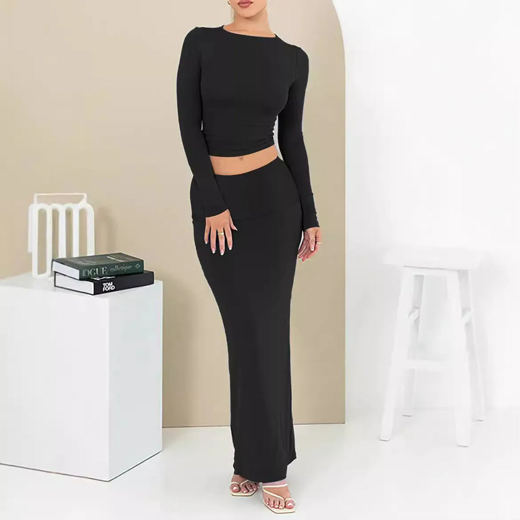 Women's autumn two-piece suit in sweet style, showing three-quarter sleeve top and long skirt.