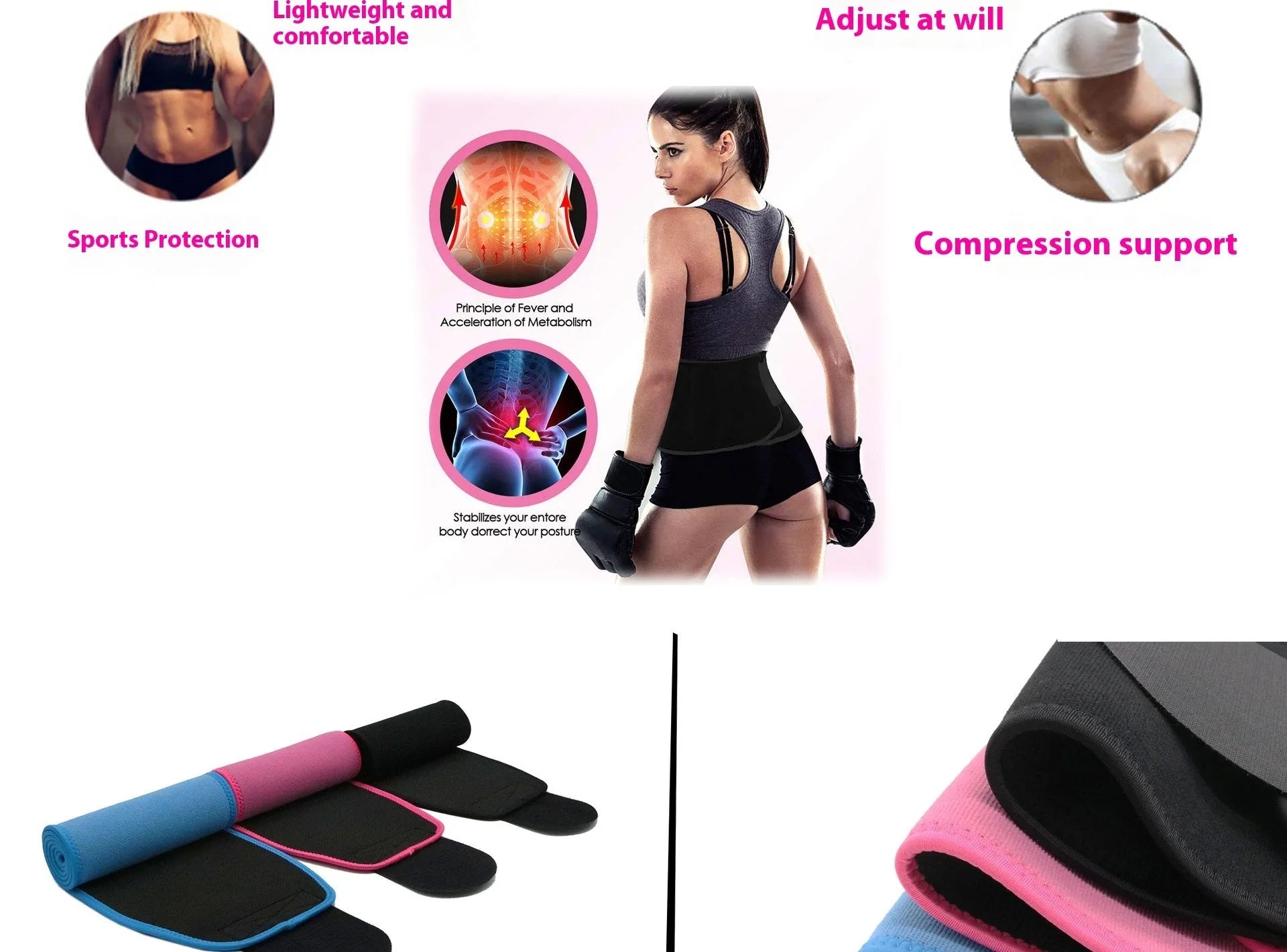 Neoprene lumbar support belt for running and fitness sports in black colour
