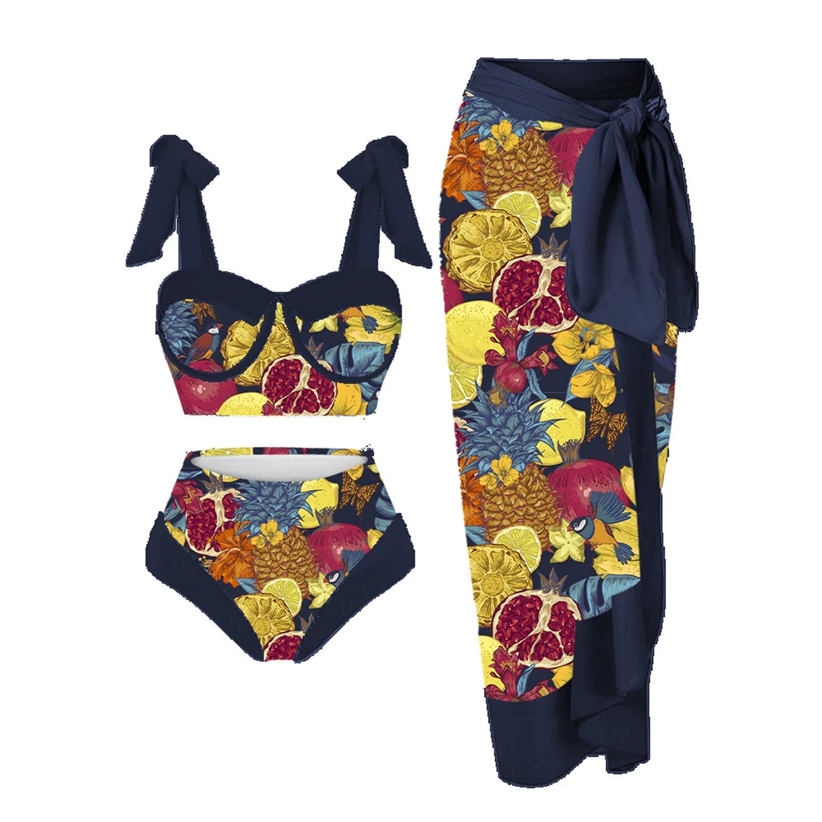 Women's three-piece swimsuit set with printing pattern showing skirt, bra and panties components