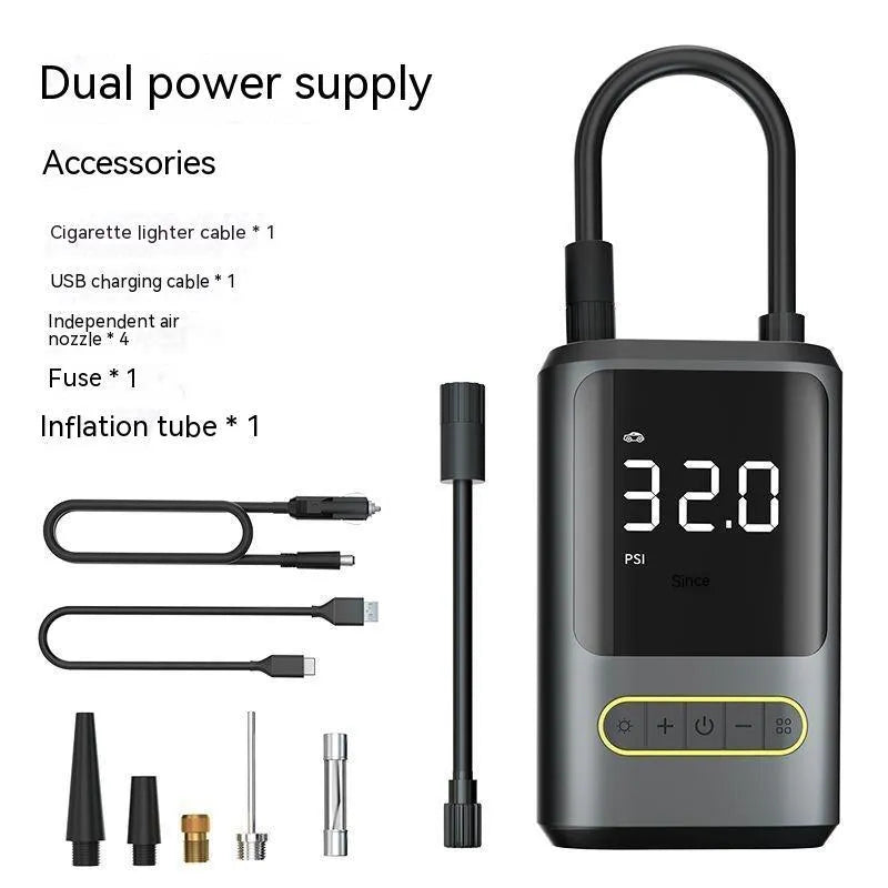 Handheld wireless digital display car tyre inflator pump with LED light and air hose