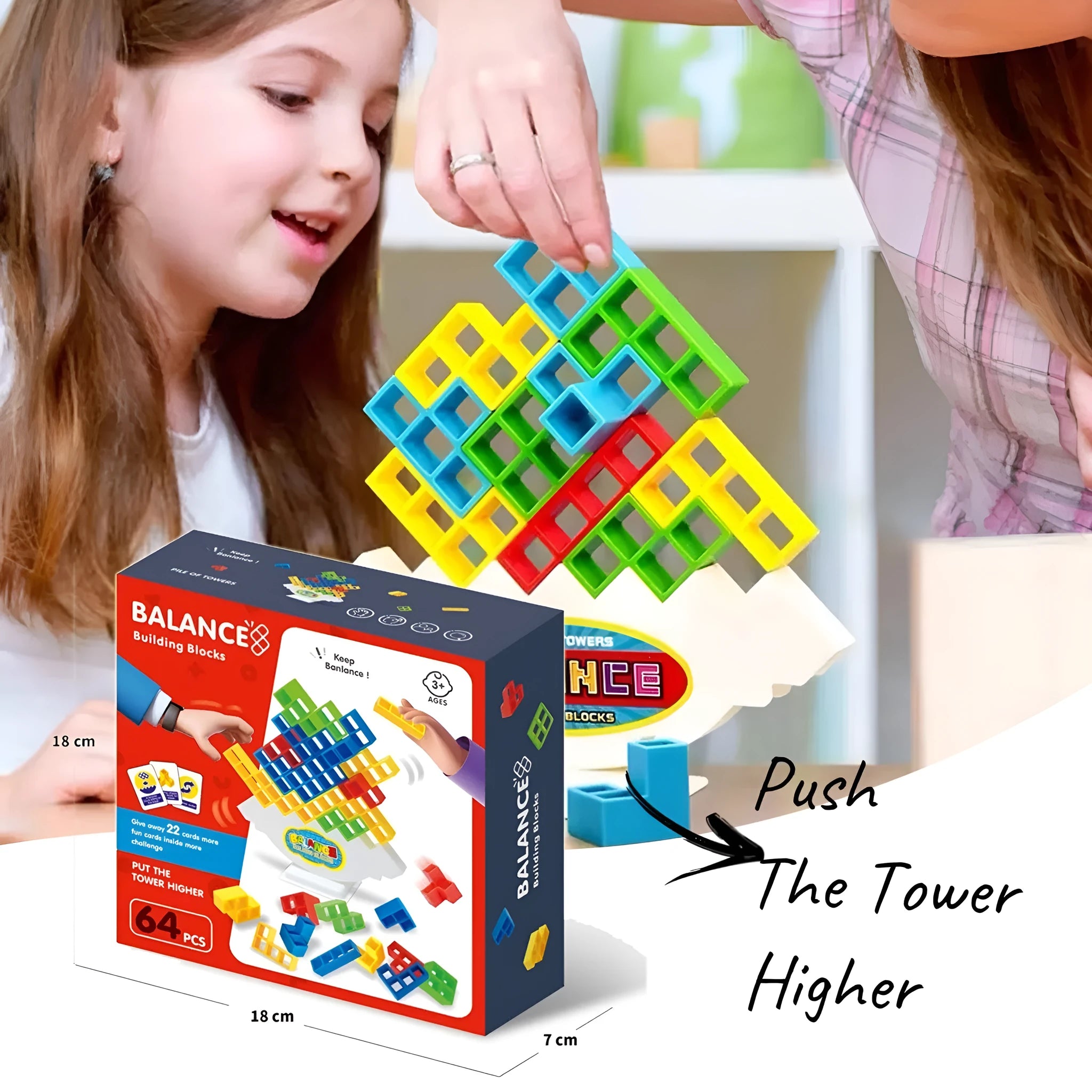 Plastic balance stacking game with coloured blocks on chassis for family play