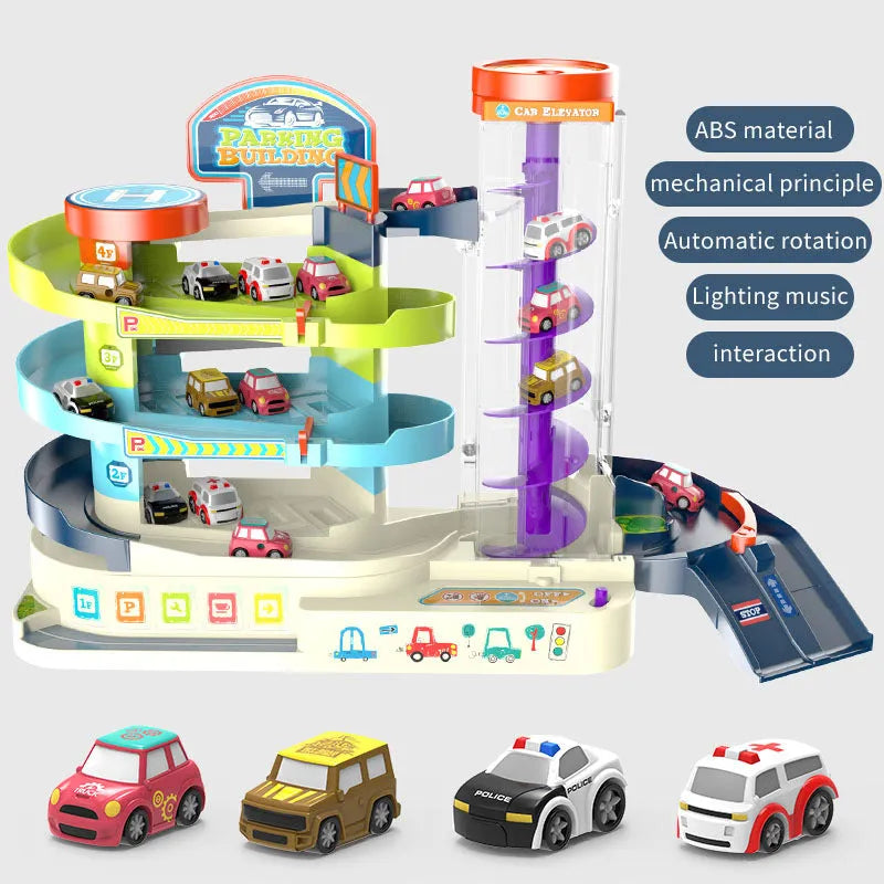 Children's adventure steering wheel car building set with 4 cars and urban traffic rail medium English version