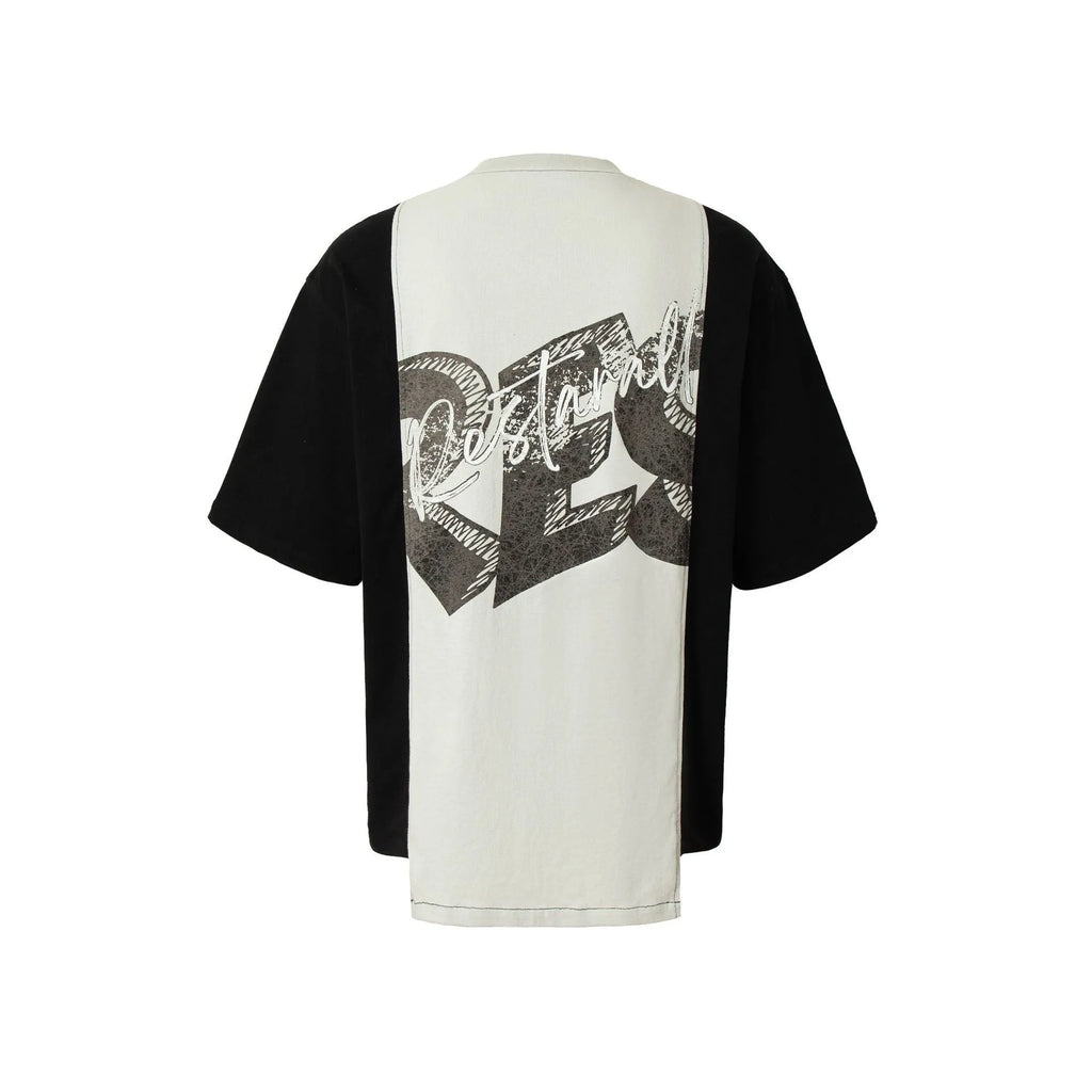 Black and white T-shirt with broken collar deconstruction printed design
