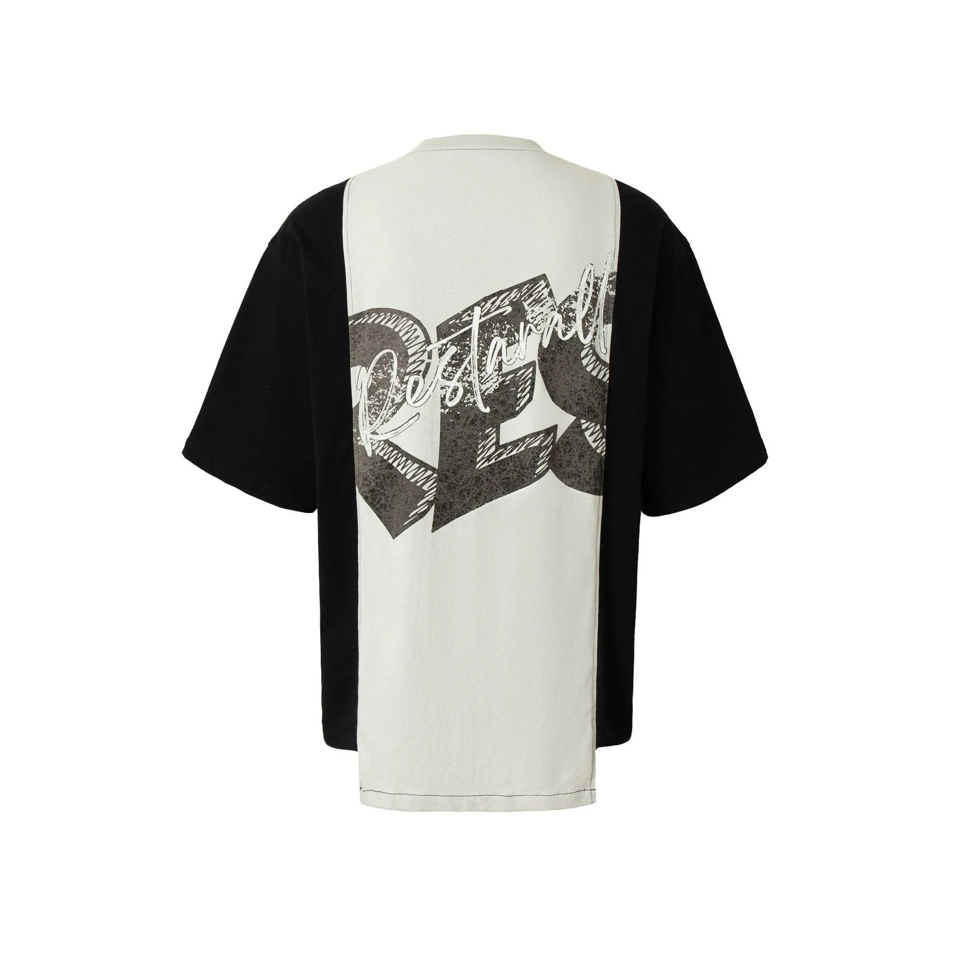 Black and white T-shirt with broken collar deconstruction printed design