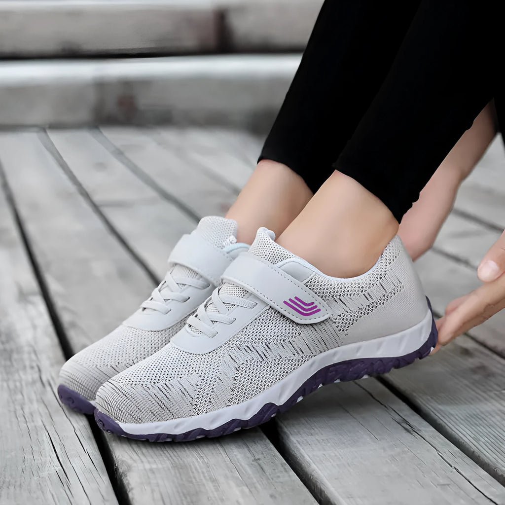 Women's grey purple wedge shoes with velcro fastening and mesh upper