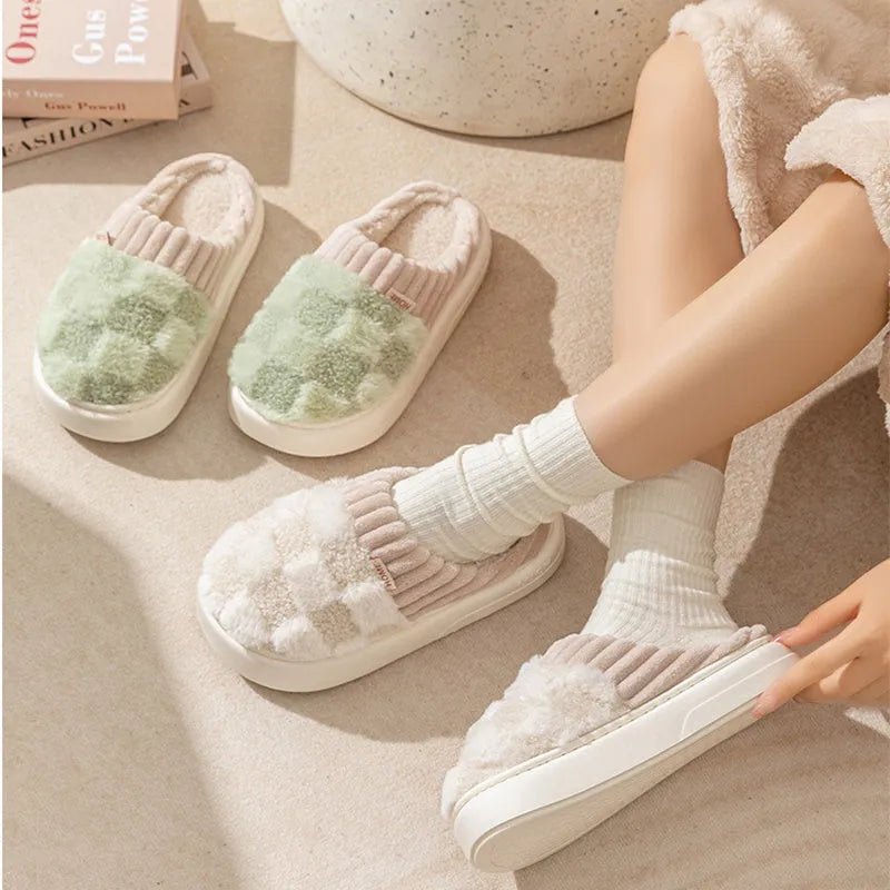 Plaid pattern women's plush indoor slippers with anti-slip soles in multiple colour options