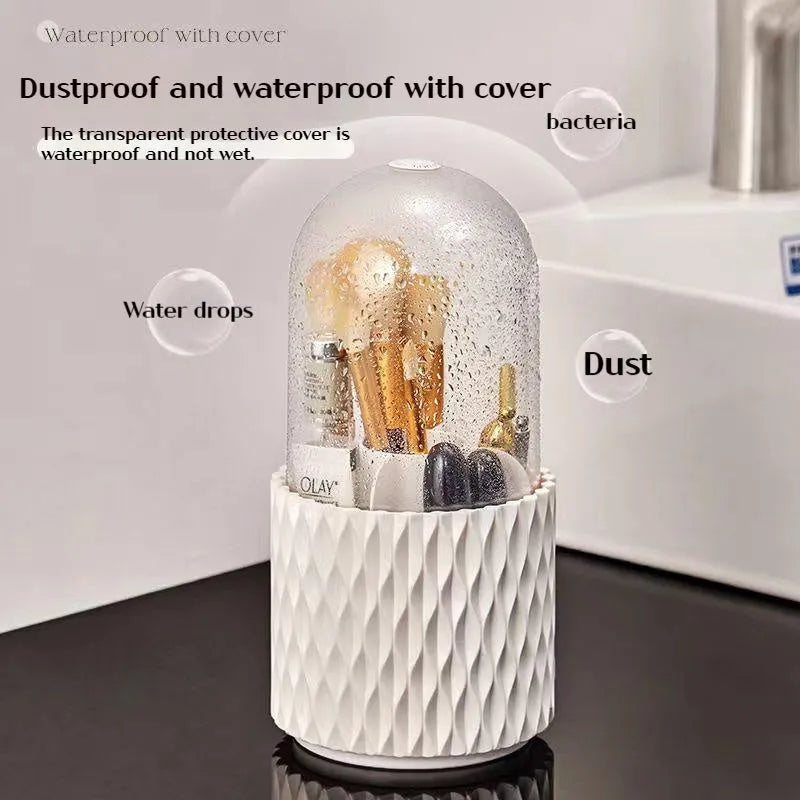 White acrylic rotating makeup brush holder with transparent dust cover on desktop