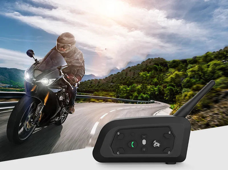 V6pro motorcycle helmet Bluetooth intercom unit with mounting hardware and headphones