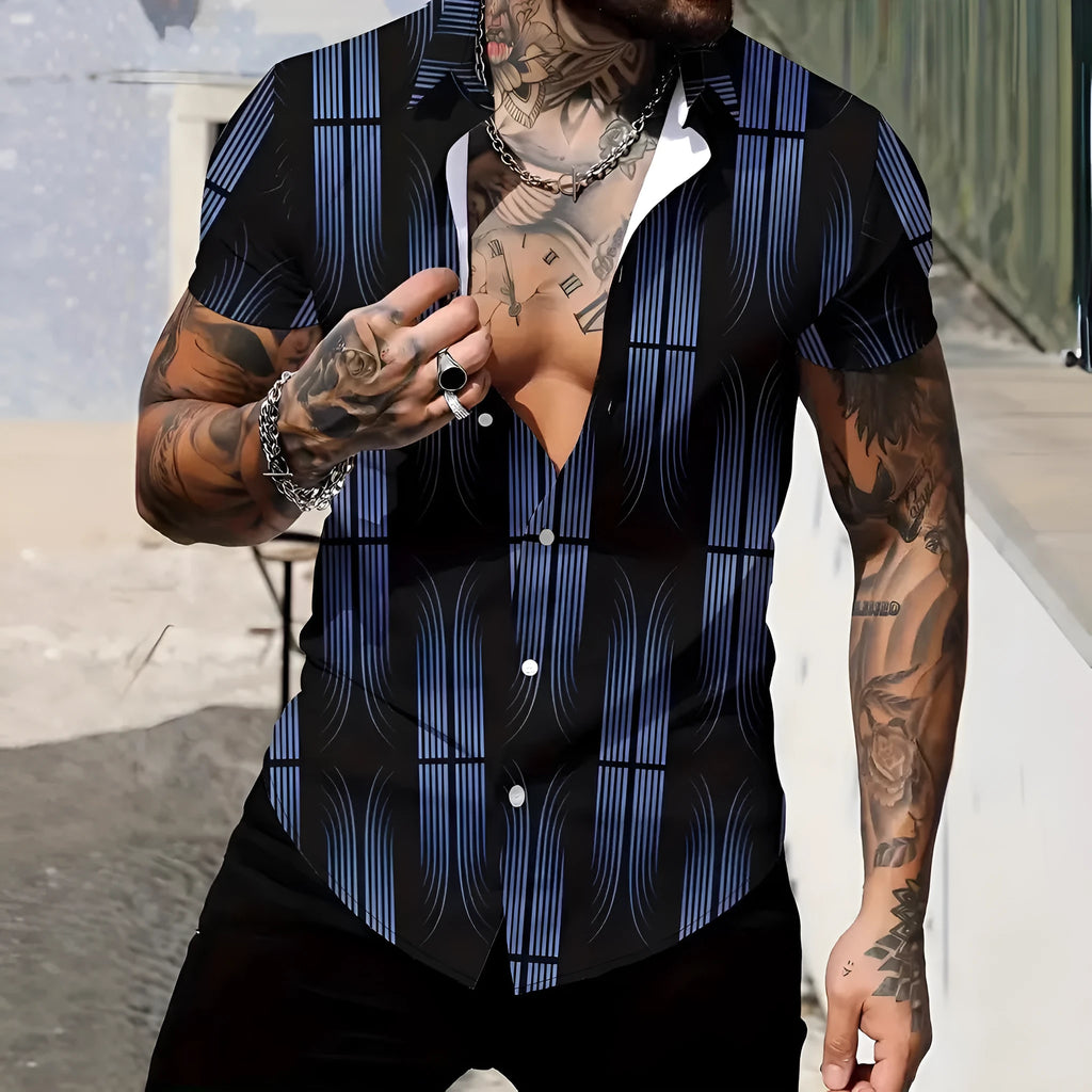 Men's geometric line print lapel collar short sleeve shirt in slim fit for summer casual wear