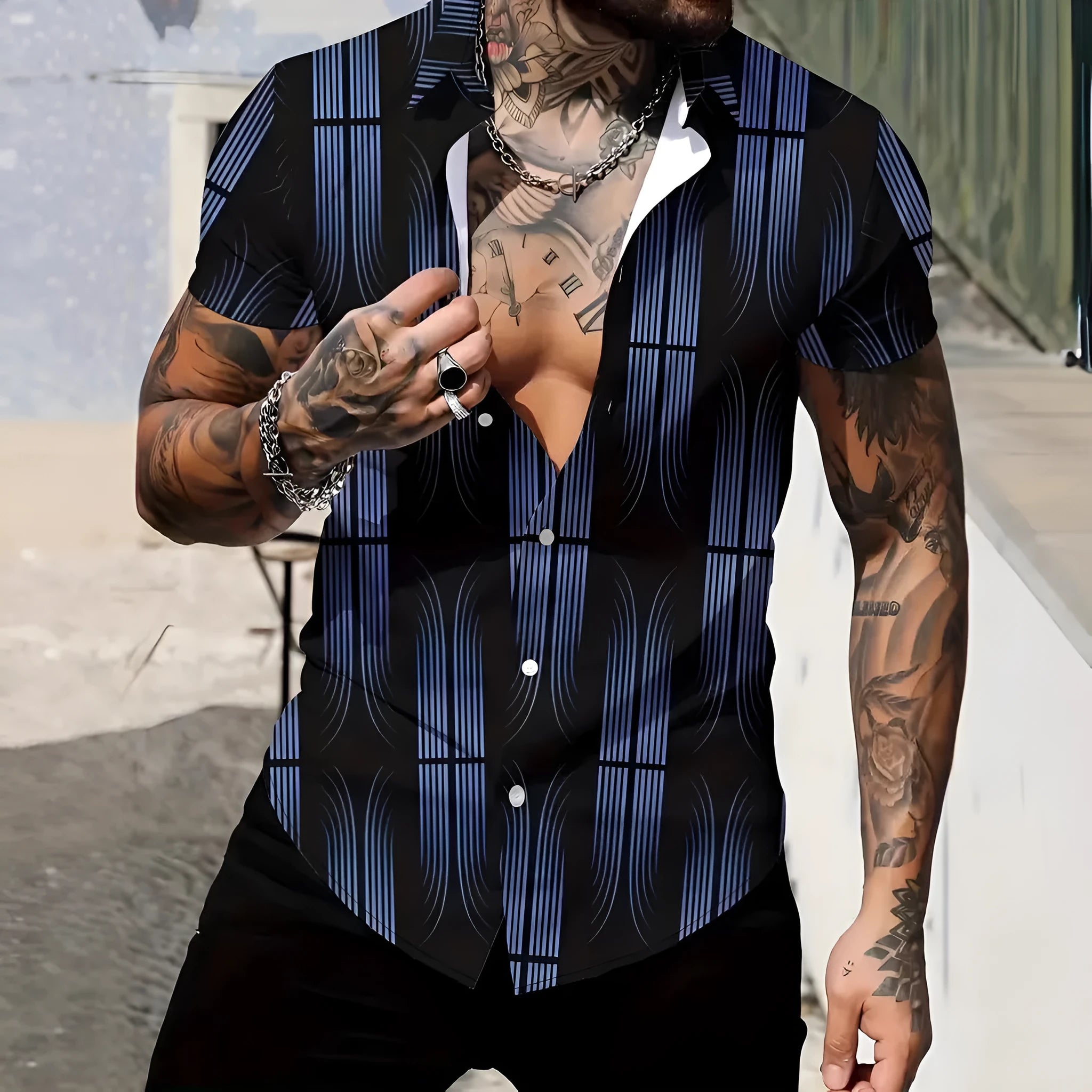 Men's geometric line print lapel collar short sleeve shirt in slim fit for summer casual wear
