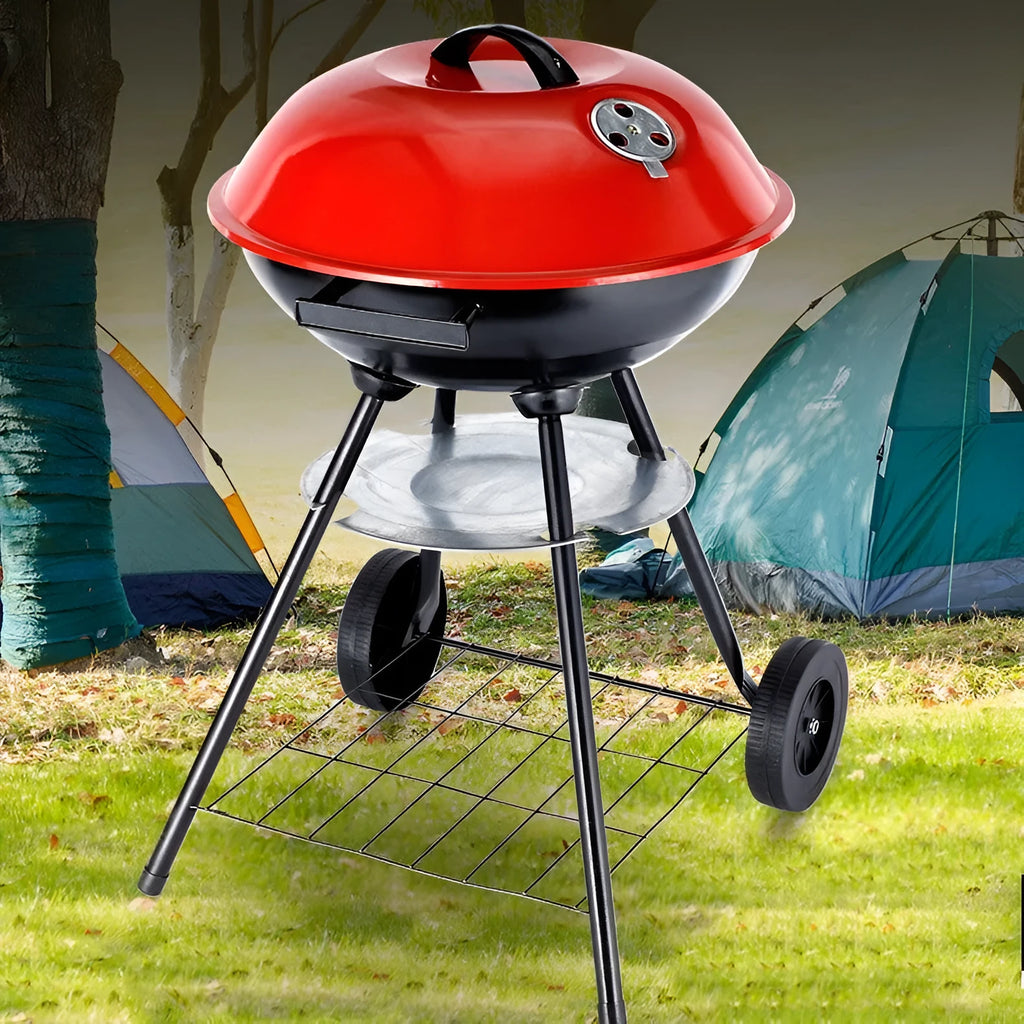 Portable iron barbecue grill with a 14-inch circular cooking grate.