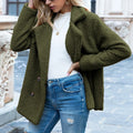 Women's loose lapel fluffy button coat in a choice of twelve colours including camel, grey, and red.