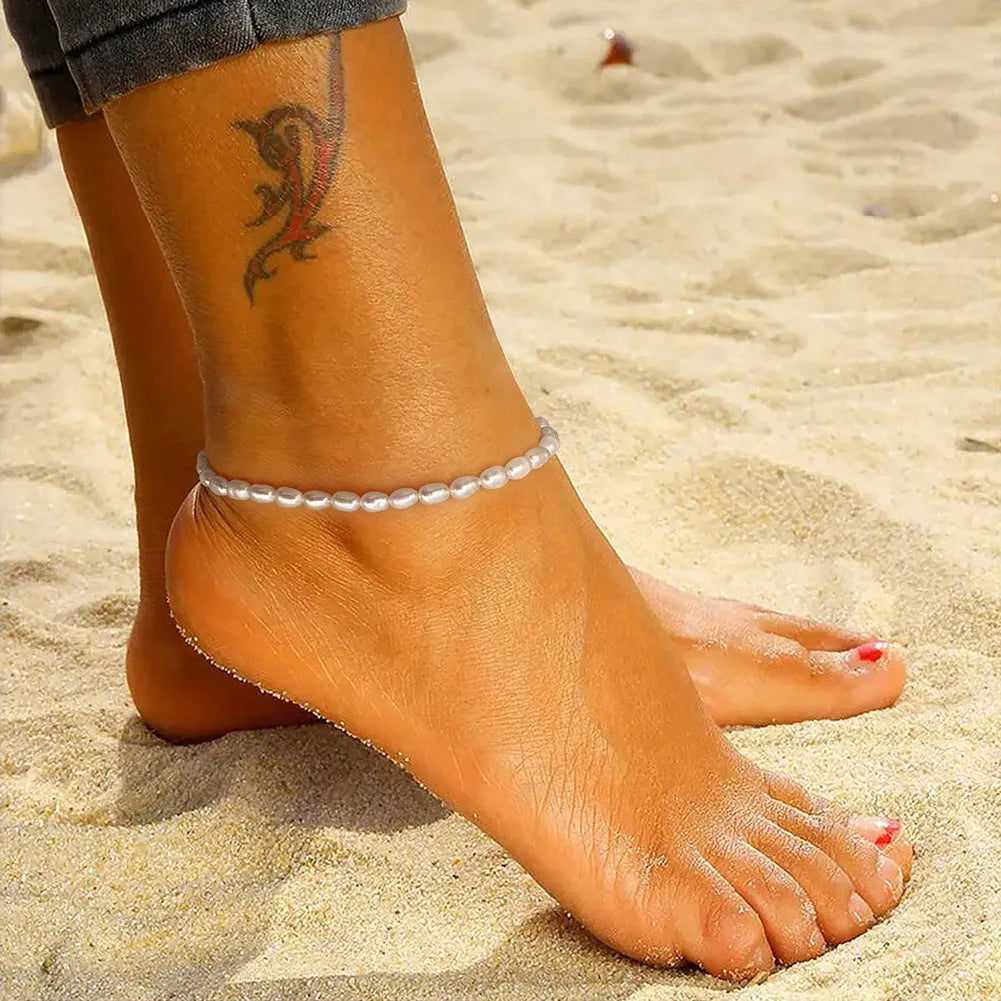 Gold 925 silver anklet with small rice-shaped natural freshwater pearl beads