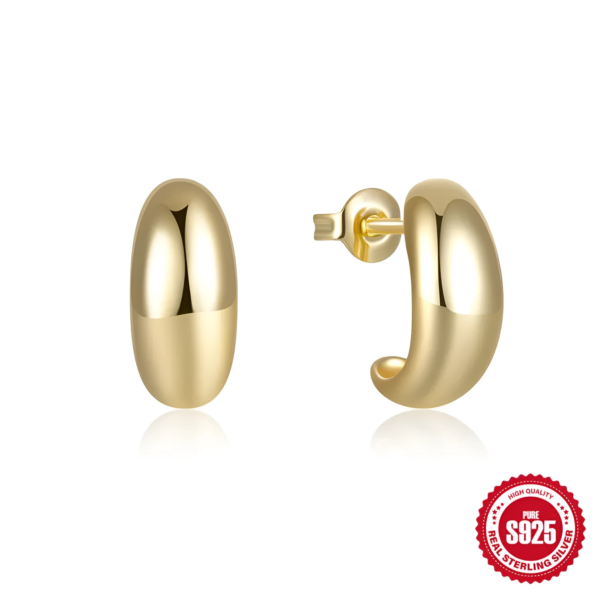 Sterling silver C-shaped stud earring with glossy electroplated finish in geometric design