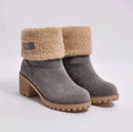 Women's suede mid-calf snow boots with a thick heel and round toe in five colour options.
