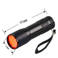 Black aluminium Smart Vein Locator device with red LED lights on, showing size against a hand.