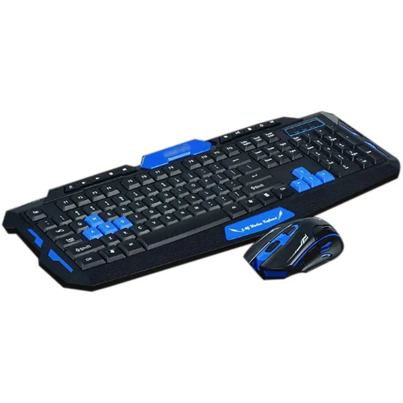 Black wireless keyboard and mouse with blue accents on desk