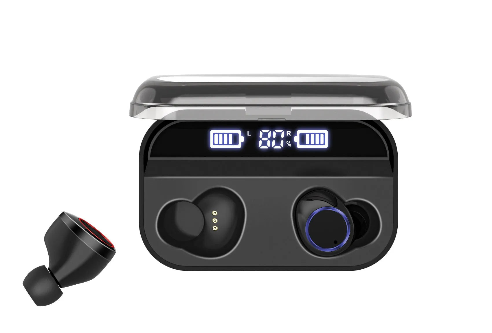 Black X11 Sky-Free wireless Bluetooth earbuds with touch controls and a white charging case.