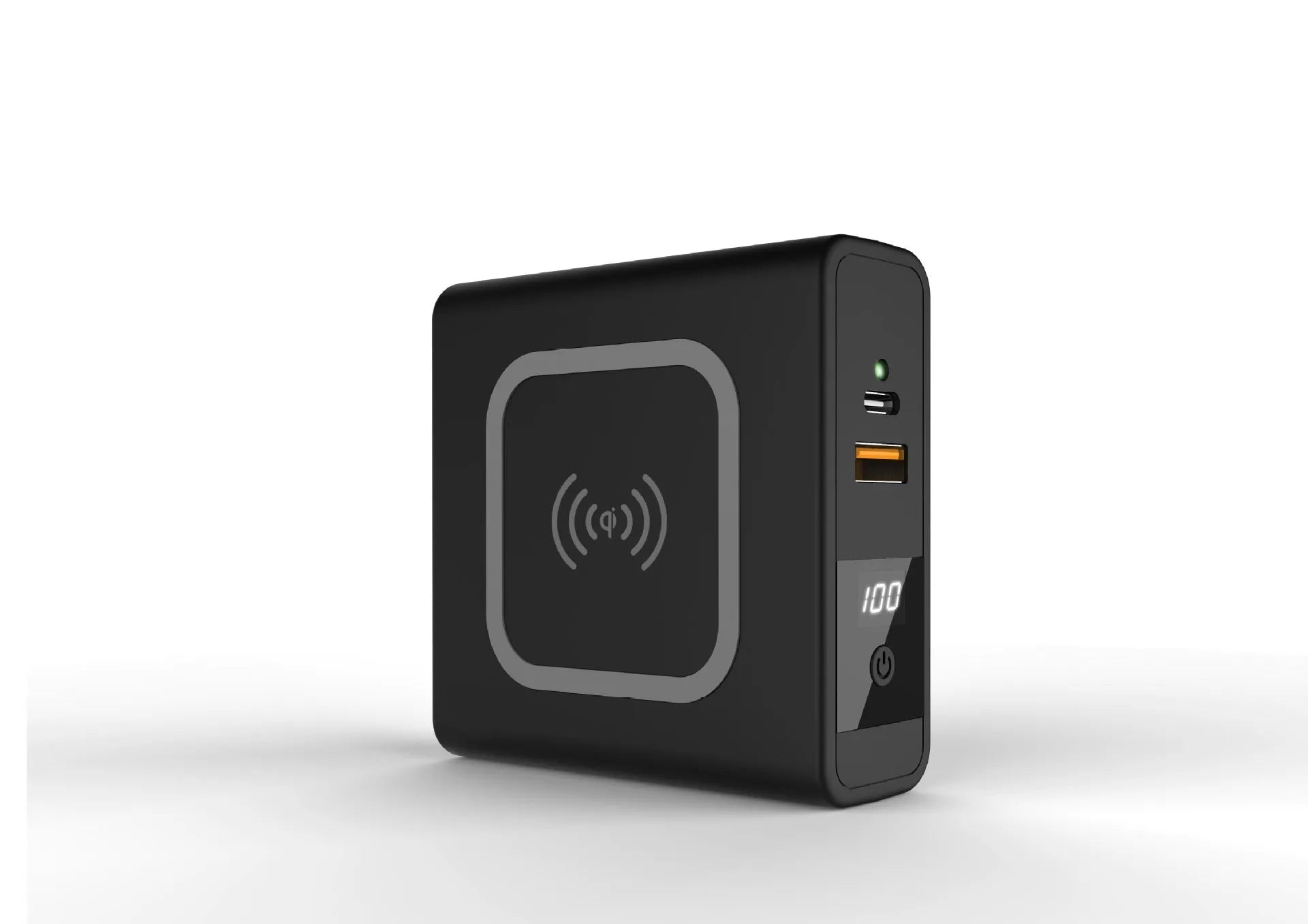 Super QI wireless charging power bank with built-in plug in black and white colour options