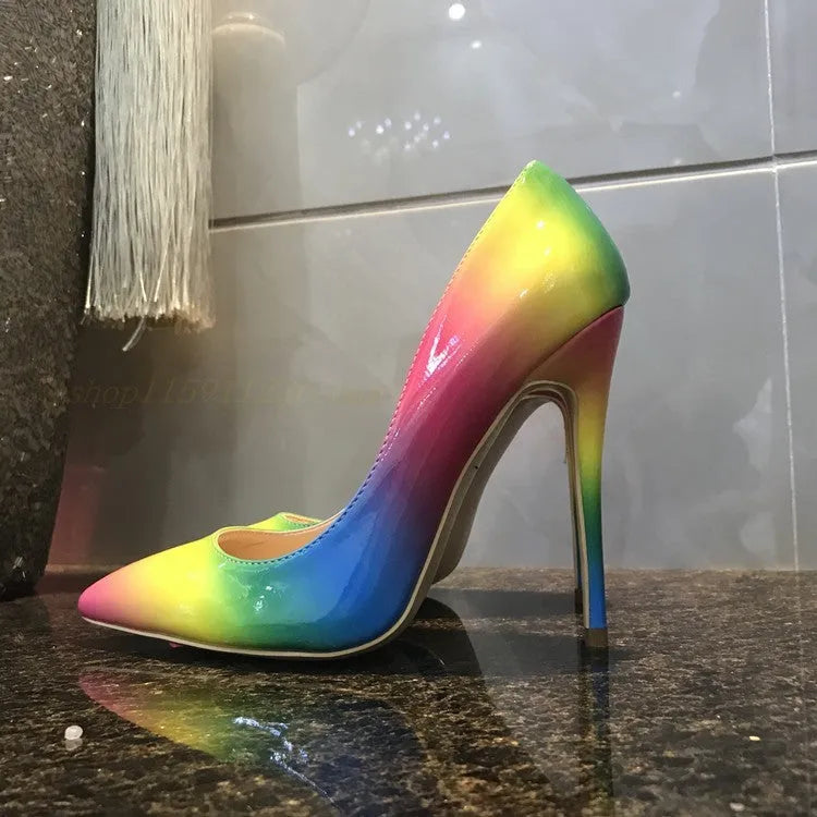 Rainbow coloured patent leather women's high heels with pointed toe and thin ultra-high heel.
