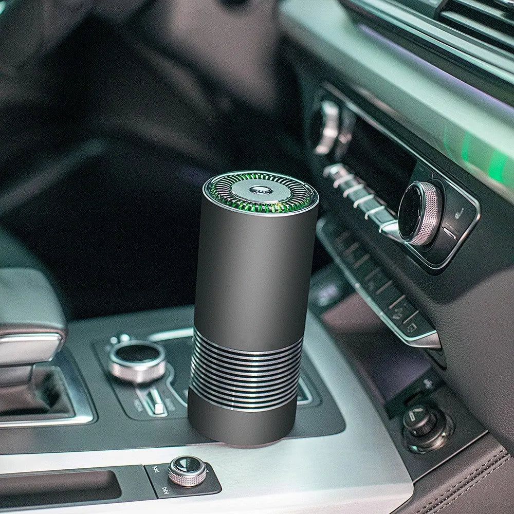 Aluminium alloy car air purifier measuring 65x150mm with 300W negative ion technology for 10m2 vehicle cabins