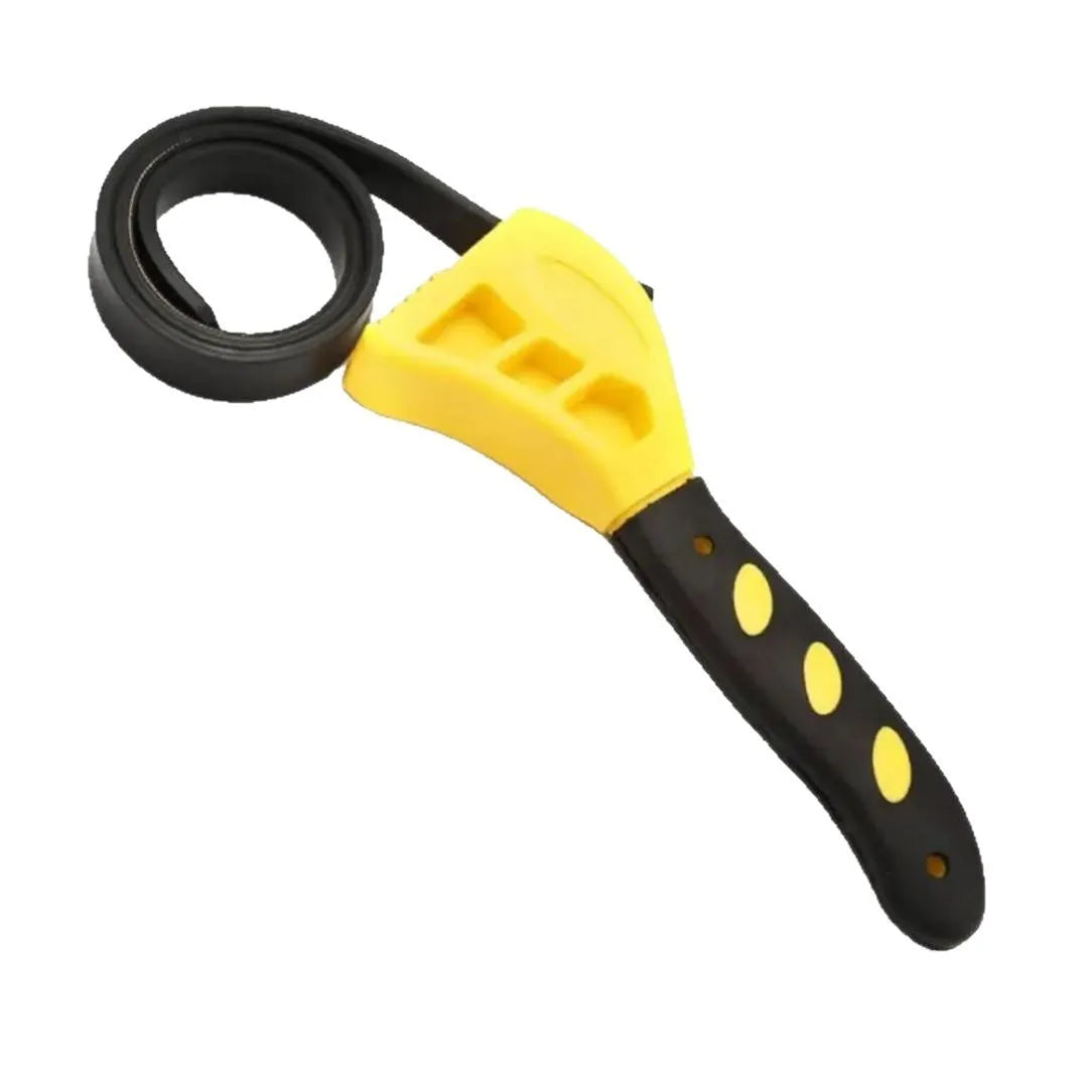 Adjustable rubber strap wrench set with 6-inch and 8-inch sizes on a workbench