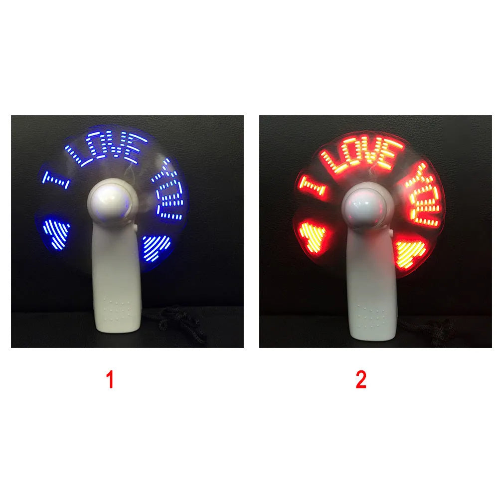 White handheld flashing fan showing LED love pattern in blue and red colours