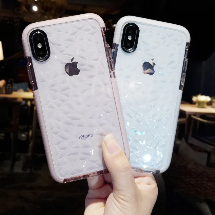 Simple striped TPU mobile phone case for iPhone shown in pink edge, white edge, and black border colour options.