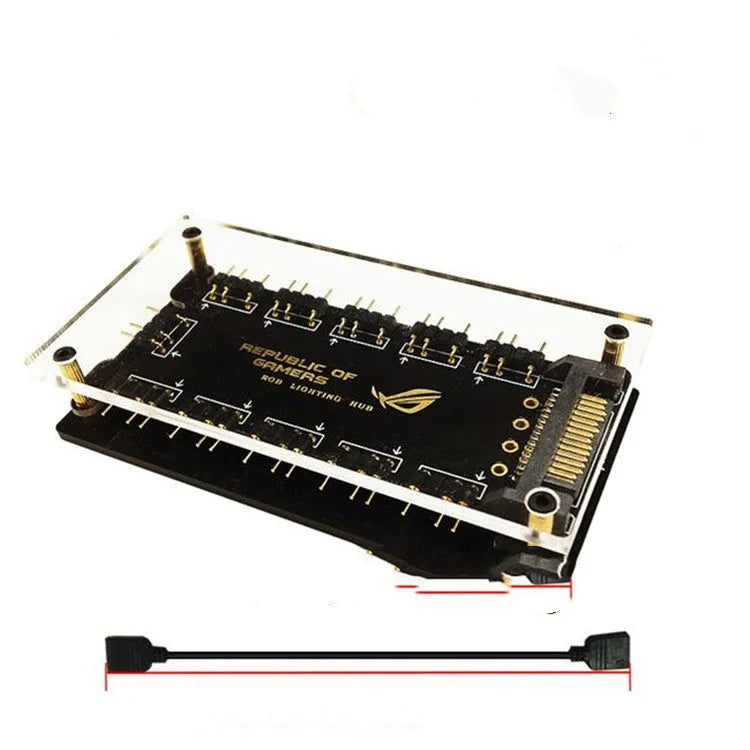 AURA RGB One Point Ten 5V SATA power hub in black with ten ports and cable