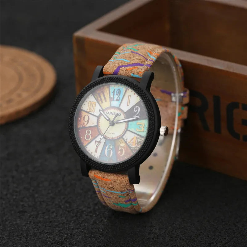 Vintage leather women's quartz watch with 37mm round dial and stainless steel buckle
