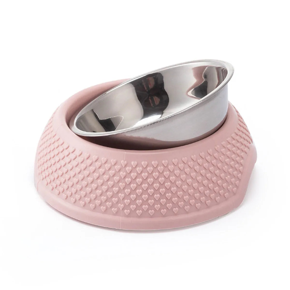 Blue stainless steel pet bowl with non-slip base for cats and dogs on a floor