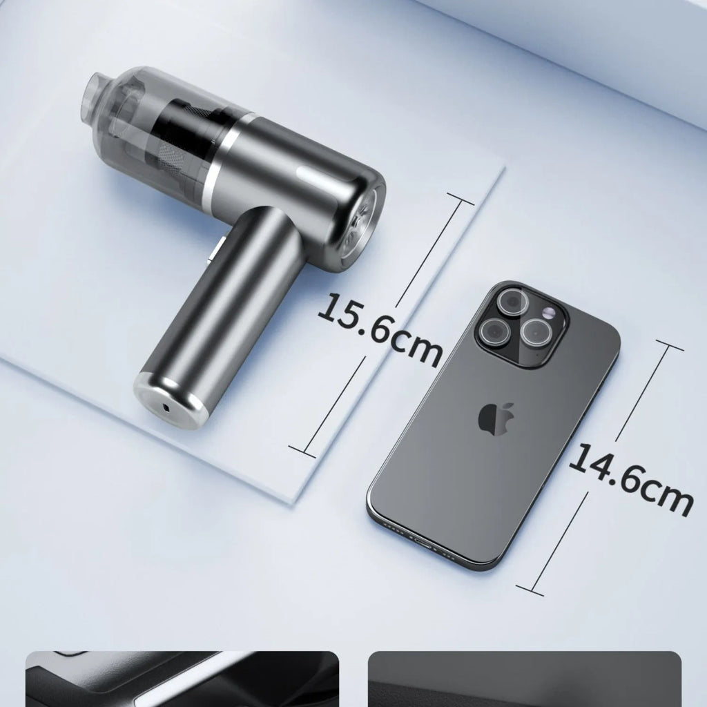 Cordless handheld car vacuum cleaner with brushed finish and attachments for 45000Pa suction and blowing