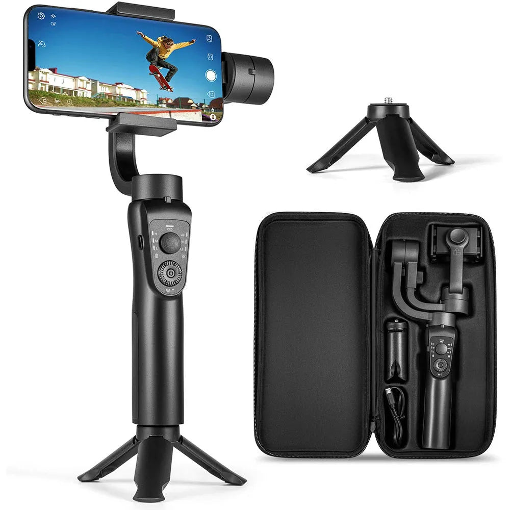 Black three-axis handheld gimbal stabiliser for mobile phones with hard case, soft case, and tripod.