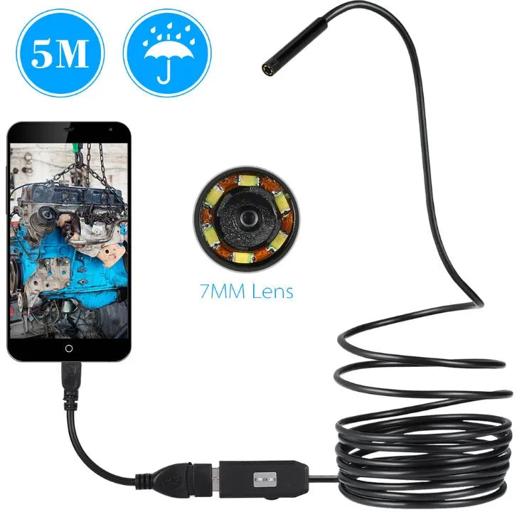 OWSOO USB endoscope camera with 5m cable, 6 LED lights, magnet, and hook accessories on a white background.