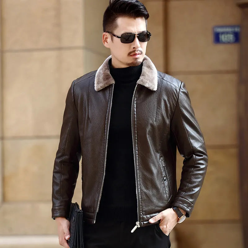 PU leather jacket coat for men in Army Green with snap button front and multiple pockets, Asian sizing